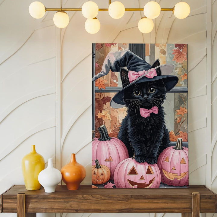 Fluffy Black Kitten Canvas – Pink Witch Hat & Jack-O’-Lantern Halloween Art - Gifitto