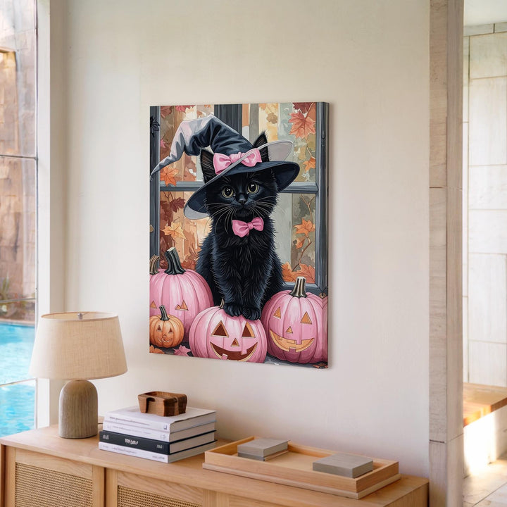 Fluffy Black Kitten Canvas – Pink Witch Hat & Jack-O’-Lantern Halloween Art - Gifitto