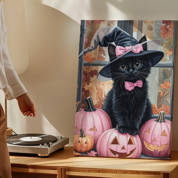 Fluffy Black Kitten Canvas – Pink Witch Hat & Jack-O’-Lantern Halloween Art - Gifitto