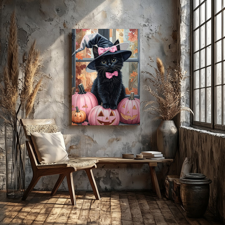 Fluffy Black Kitten Canvas – Pink Witch Hat & Jack-O’-Lantern Halloween Art - Gifitto