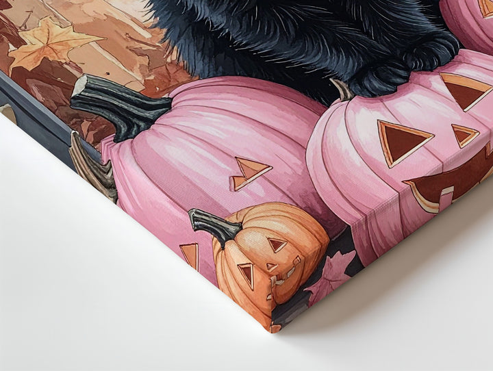 Fluffy Black Kitten Canvas – Pink Witch Hat & Jack-O’-Lantern Halloween Art - Gifitto