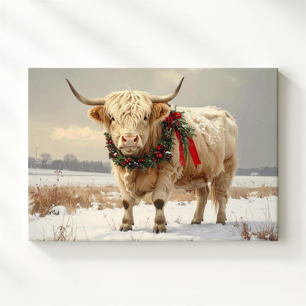 Festive Highland Cow Canvas – Snowy Field with Holiday Wreath & Rustic Charm - Gifitto