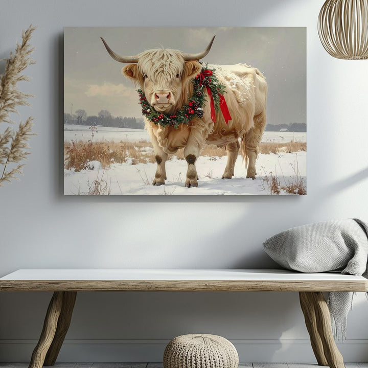 Festive Highland Cow Canvas – Snowy Field with Holiday Wreath & Rustic Charm - Gifitto
