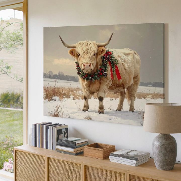 Festive Highland Cow Canvas – Snowy Field with Holiday Wreath & Rustic Charm - Gifitto