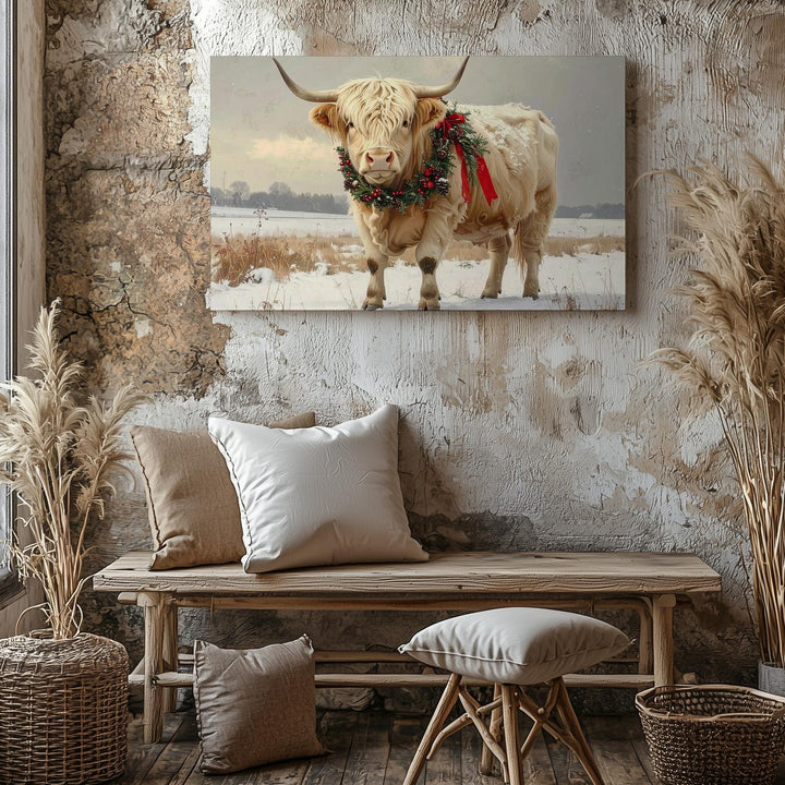 Festive Highland Cow Canvas – Snowy Field with Holiday Wreath & Rustic Charm - Gifitto