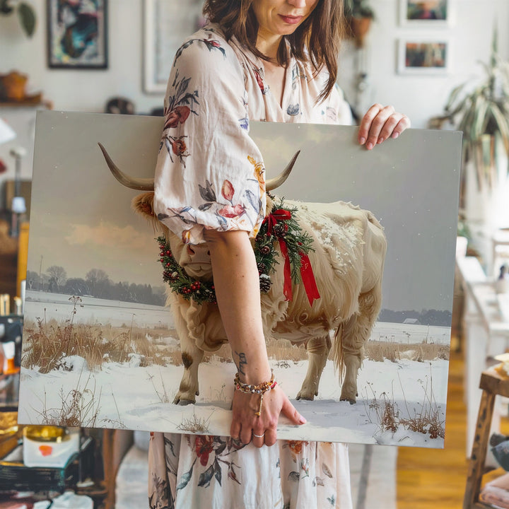 Festive Highland Cow Canvas – Snowy Field with Holiday Wreath & Rustic Charm - Gifitto