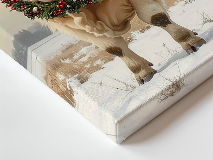 Festive Highland Cow Canvas – Snowy Field with Holiday Wreath & Rustic Charm - Gifitto