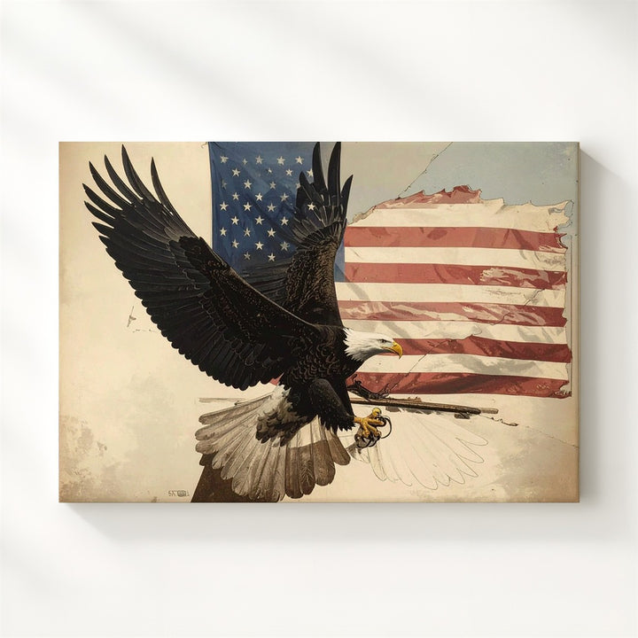 Etched Eagle & Tattered Flag Canvas – Vintage Patriotic Strength Wall Art - Gifitto