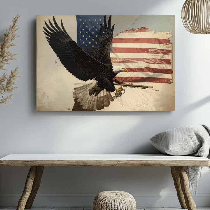 Etched Eagle & Tattered Flag Canvas – Vintage Patriotic Strength Wall Art - Gifitto