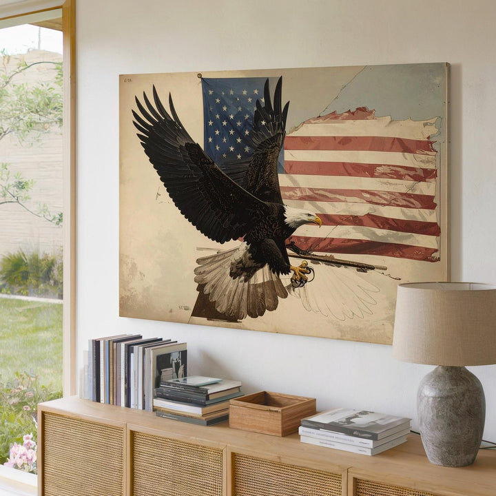 Etched Eagle & Tattered Flag Canvas – Vintage Patriotic Strength Wall Art - Gifitto