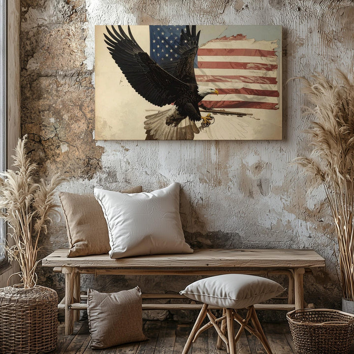 Etched Eagle & Tattered Flag Canvas – Vintage Patriotic Strength Wall Art - Gifitto