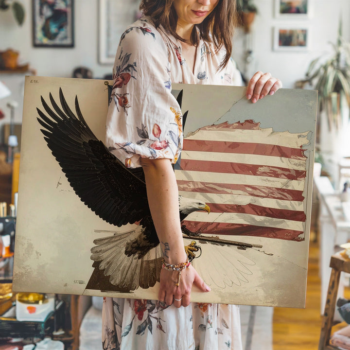 Etched Eagle & Tattered Flag Canvas – Vintage Patriotic Strength Wall Art - Gifitto