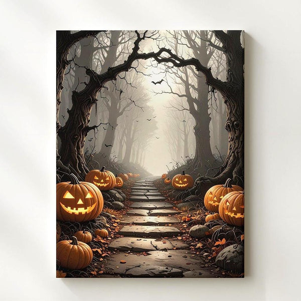 Haunted Forest Path Canvas – Glowing Jack-O'-Lantern Trail in Halloween Mist - Gifitto