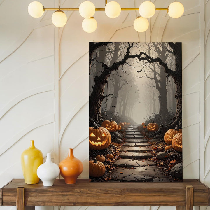 Haunted Forest Path Canvas – Glowing Jack-O'-Lantern Trail in Halloween Mist - Gifitto