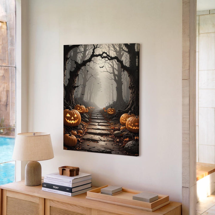 Haunted Forest Path Canvas – Glowing Jack-O'-Lantern Trail in Halloween Mist - Gifitto