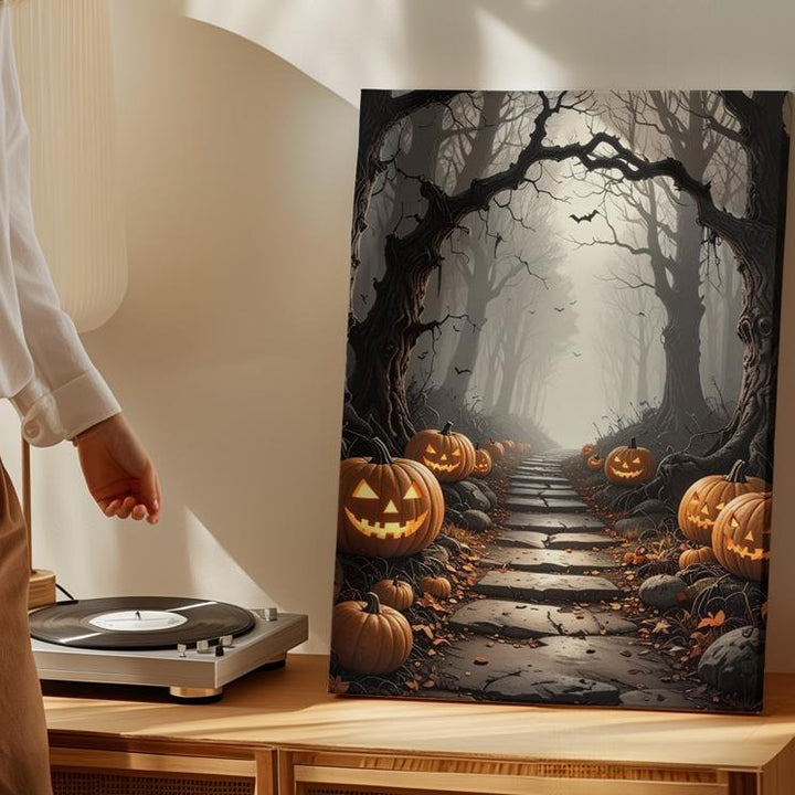 Haunted Forest Path Canvas – Glowing Jack-O'-Lantern Trail in Halloween Mist - Gifitto