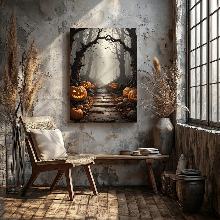 Haunted Forest Path Canvas – Glowing Jack-O'-Lantern Trail in Halloween Mist - Gifitto