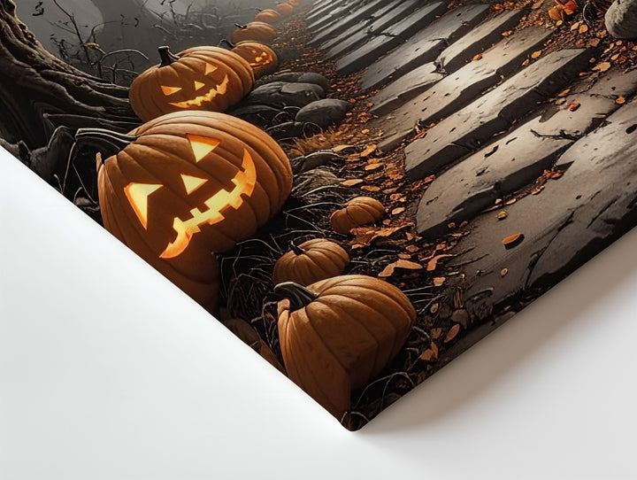 Haunted Forest Path Canvas – Glowing Jack-O'-Lantern Trail in Halloween Mist - Gifitto