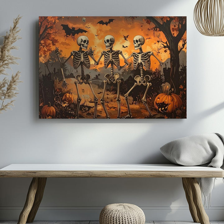 Dancing Skeletons Halloween Canvas – Vintage Spooky Celebration Wall Art - Gifitto