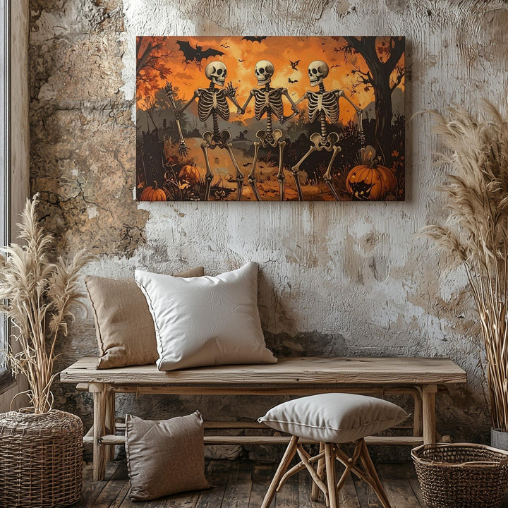 Dancing Skeletons Halloween Canvas – Vintage Spooky Celebration Wall Art - Gifitto