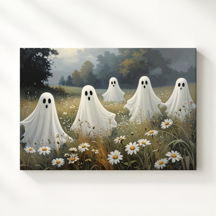 Field of Spirits Canvas – Playful Ghosts Among Daisies in Autumn Mist - Gifitto