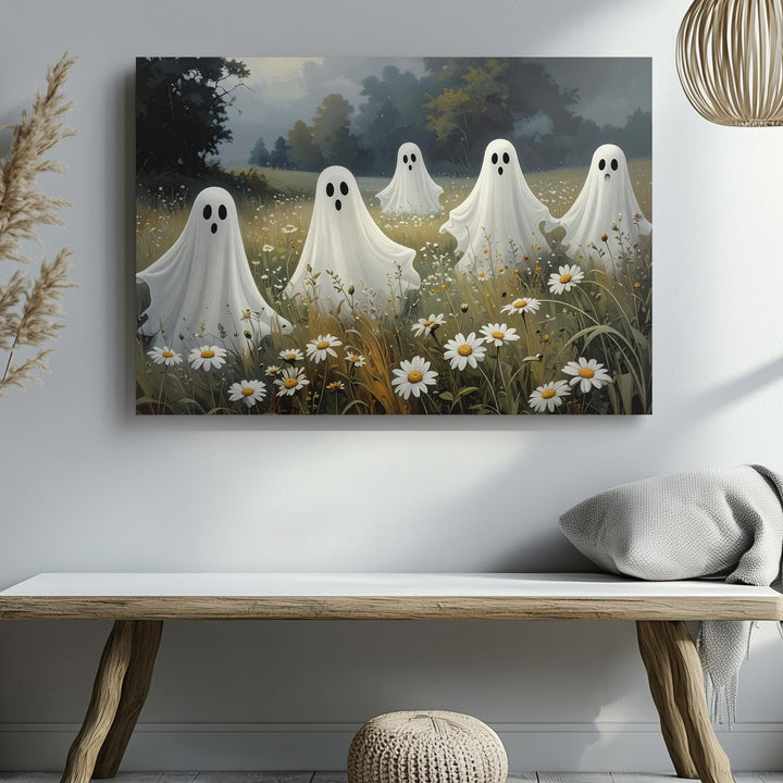 Field of Spirits Canvas – Playful Ghosts Among Daisies in Autumn Mist - Gifitto