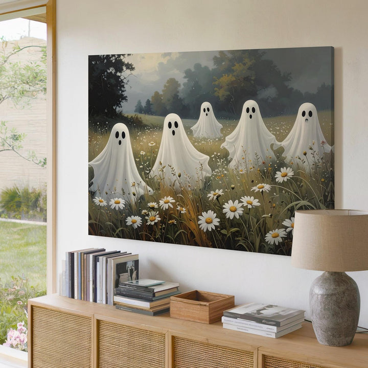 Field of Spirits Canvas – Playful Ghosts Among Daisies in Autumn Mist - Gifitto