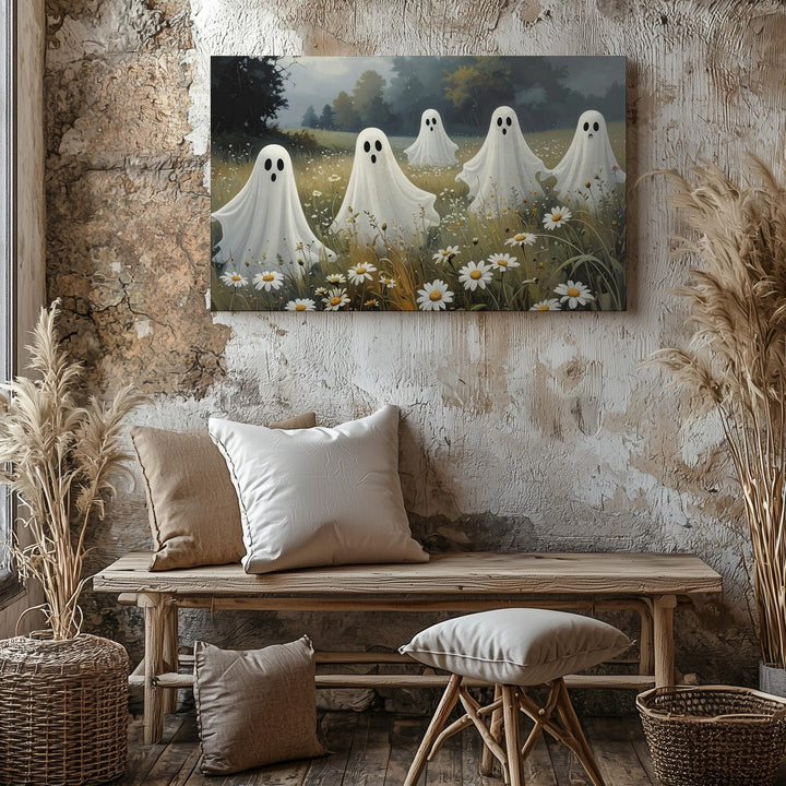 Field of Spirits Canvas – Playful Ghosts Among Daisies in Autumn Mist - Gifitto