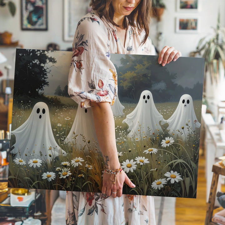 Field of Spirits Canvas – Playful Ghosts Among Daisies in Autumn Mist - Gifitto