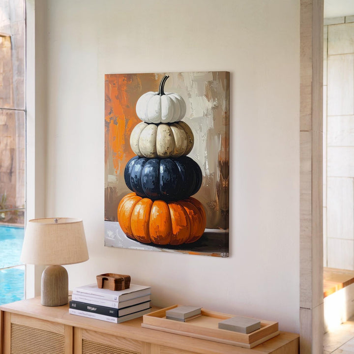 Stacked Autumn Pumpkins Canvas – Rustic Fall Harvest Wall Art - Gifitto