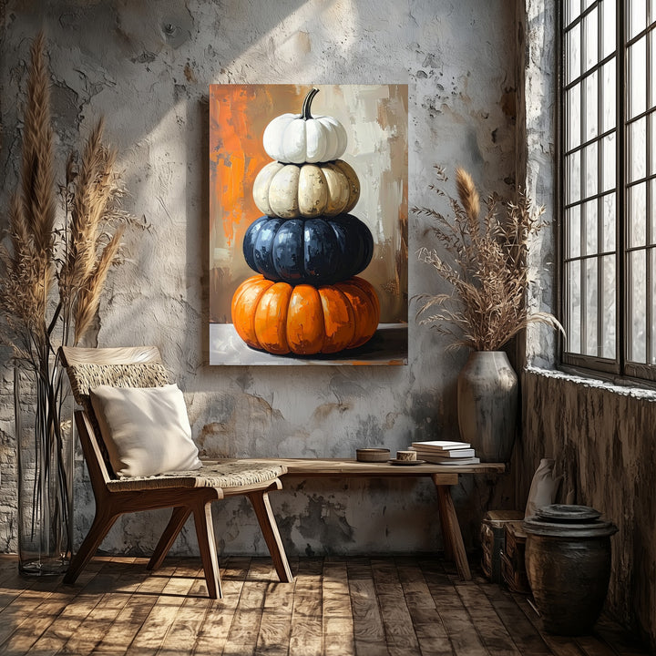Stacked Autumn Pumpkins Canvas – Rustic Fall Harvest Wall Art - Gifitto