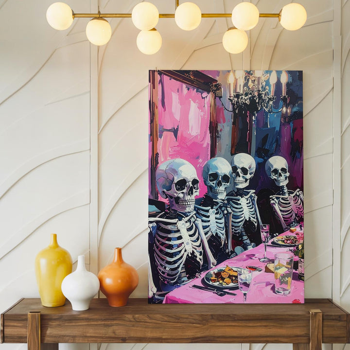 Elegant Skeleton Feast Canvas – Vintage Gothic Halloween Dining Art - Gifitto