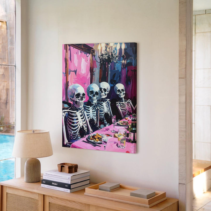 Elegant Skeleton Feast Canvas – Vintage Gothic Halloween Dining Art - Gifitto