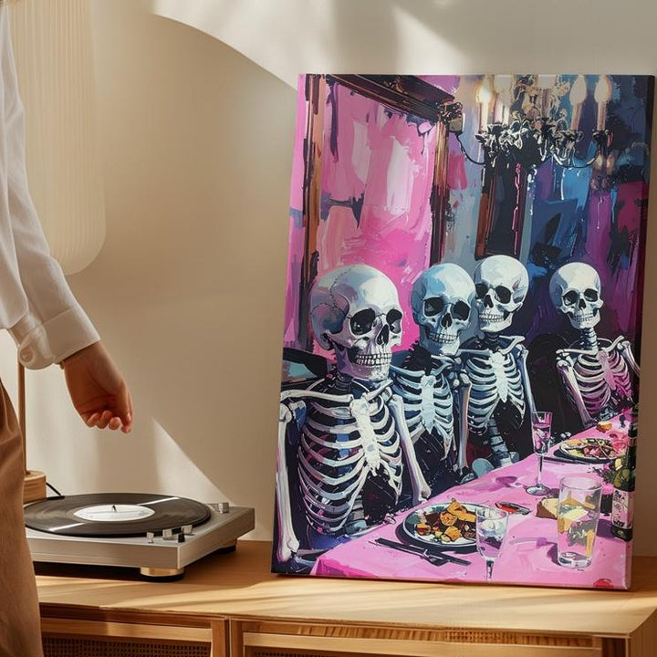 Elegant Skeleton Feast Canvas – Vintage Gothic Halloween Dining Art - Gifitto