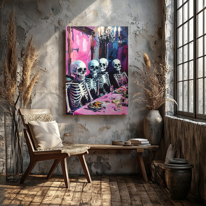 Elegant Skeleton Feast Canvas – Vintage Gothic Halloween Dining Art - Gifitto