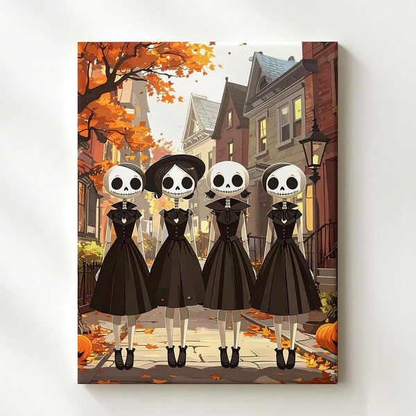 Skeleton Sisters on Cobblestone Street – Whimsical Gothic Halloween Canvas - Gifitto