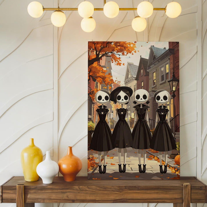 Skeleton Sisters on Cobblestone Street – Whimsical Gothic Halloween Canvas - Gifitto