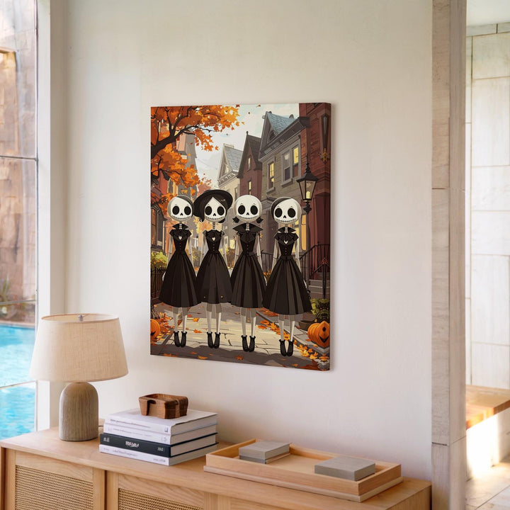 Skeleton Sisters on Cobblestone Street – Whimsical Gothic Halloween Canvas - Gifitto