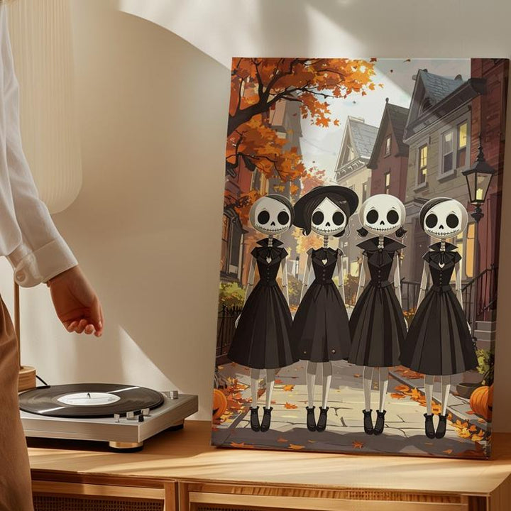 Skeleton Sisters on Cobblestone Street – Whimsical Gothic Halloween Canvas - Gifitto