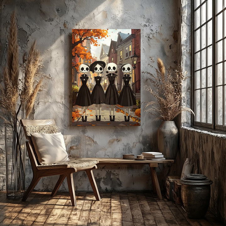 Skeleton Sisters on Cobblestone Street – Whimsical Gothic Halloween Canvas - Gifitto