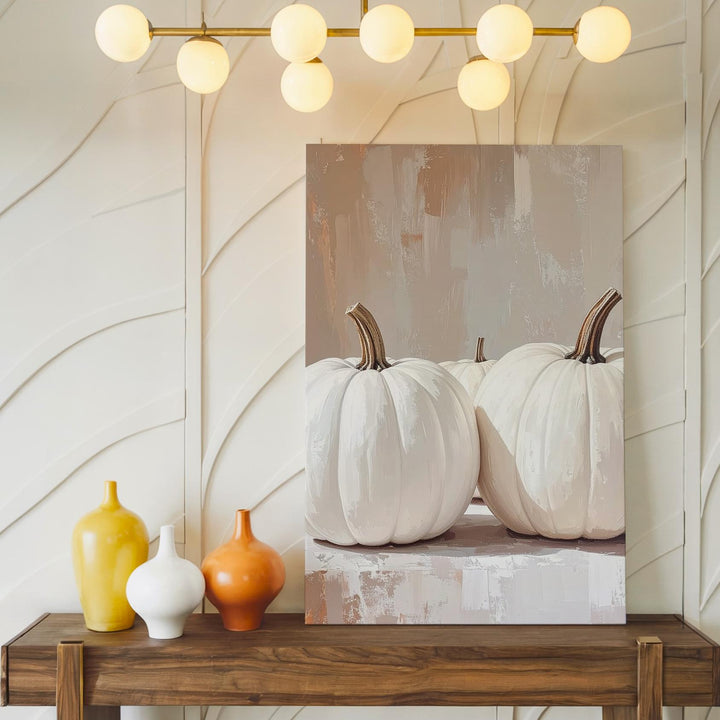 White Pumpkin Row Canvas – Minimalist Neutral Fall Wall Art - Gifitto