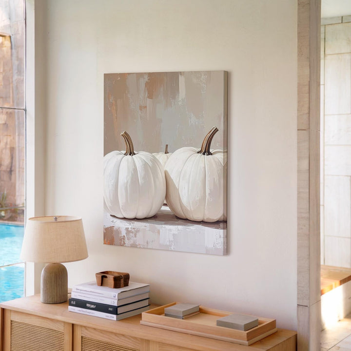 White Pumpkin Row Canvas – Minimalist Neutral Fall Wall Art - Gifitto