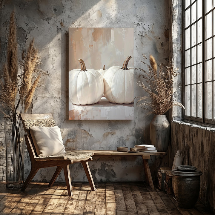 White Pumpkin Row Canvas – Minimalist Neutral Fall Wall Art - Gifitto