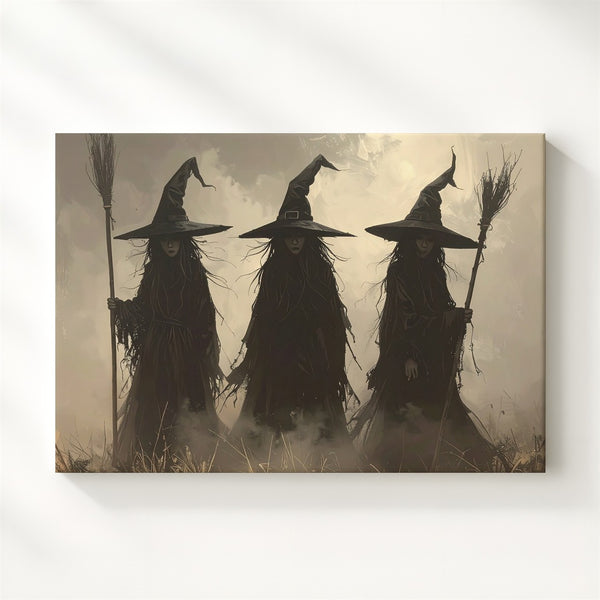 Coven of Four Witches Canvas – Misty Silhouette Ritual Wall Art - Gifitto