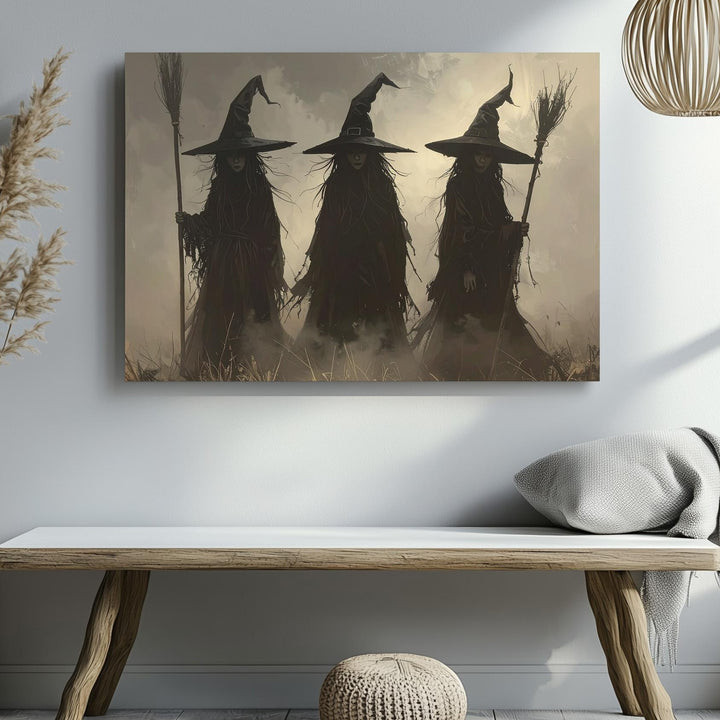 Coven of Four Witches Canvas – Misty Silhouette Ritual Wall Art - Gifitto