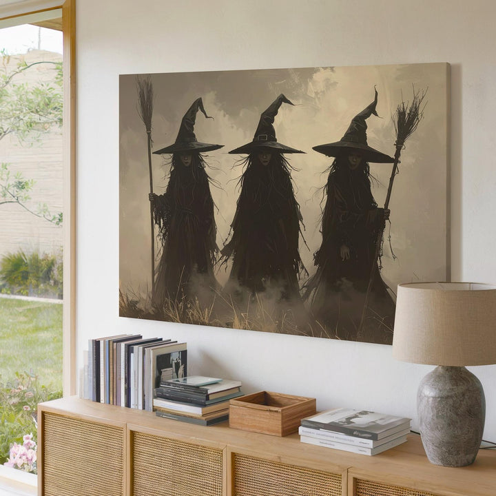 Coven of Four Witches Canvas – Misty Silhouette Ritual Wall Art - Gifitto