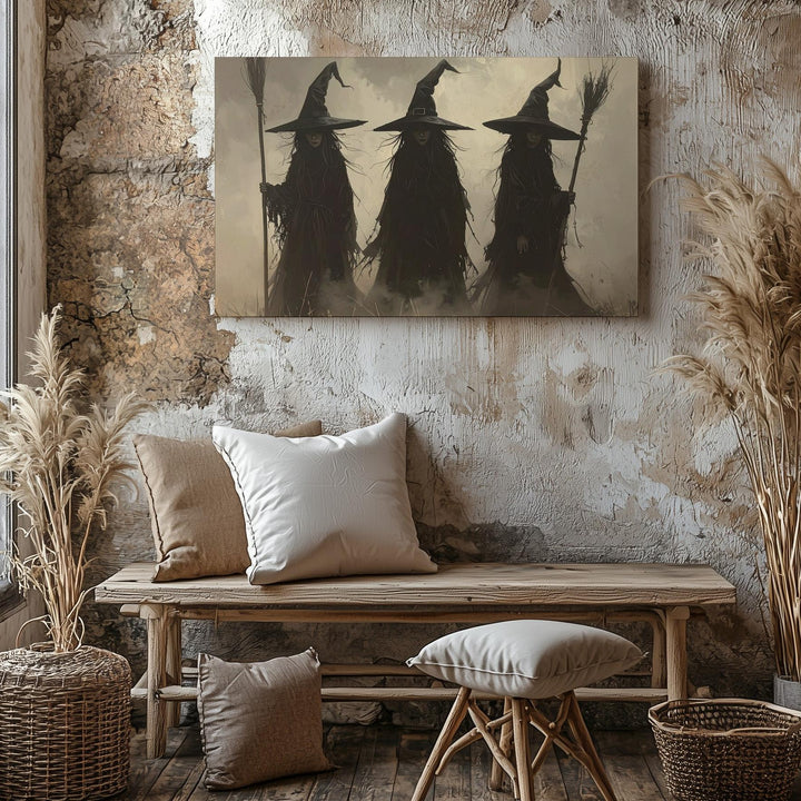 Coven of Four Witches Canvas – Misty Silhouette Ritual Wall Art - Gifitto