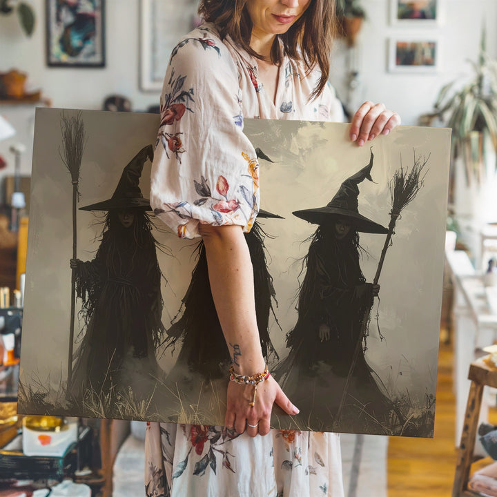 Coven of Four Witches Canvas – Misty Silhouette Ritual Wall Art - Gifitto