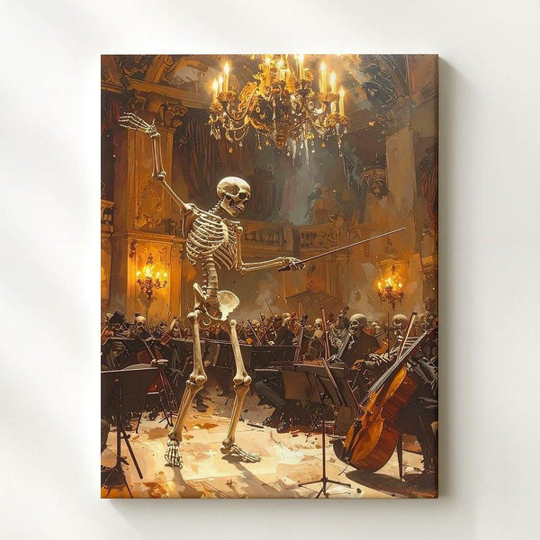 Skeleton Orchestra Conductor Canvas – Elegant Halloween Concert Hall Art - Gifitto
