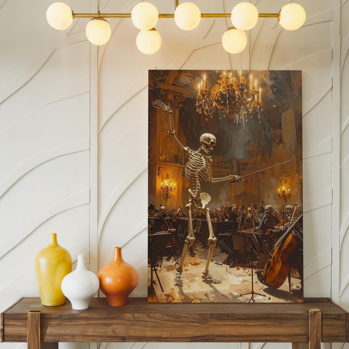 Skeleton Orchestra Conductor Canvas – Elegant Halloween Concert Hall Art - Gifitto